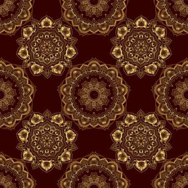 Kahverengi zemin üzerinde altın tekrarlayan elementlerle kusursuz soyut desen. Kahverengi ve altın desenli. Oriental vektör klasik desen.