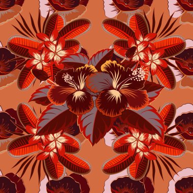 Kusursuz tropikal çiçek, kırmızı, pembe ve turuncu amber deseni. Kusursuz desen Vektör illüstrasyonu.