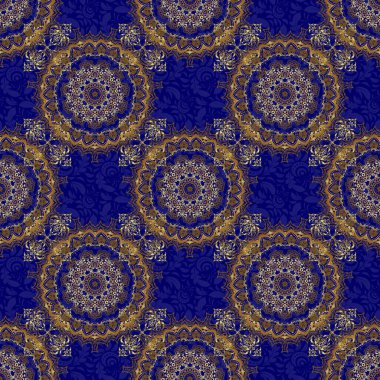 Renkli soyut arka plan. Süslü, canlı duvar kâğıdı. Etnik ve kabile motifleri. Yılbaşı geleneksel renklerinde vektör geometrik süsü olan parlak, pürüzsüz desen (mavi üzerine altın rengi)).