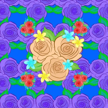 Kumaş, tekstil ve ambalaj kağıtları için dekoratif süs. Geleneksel doğuya özgü pürüzsüz desen. Gül çiçekleri ve yeşil yapraklı vektör çizgili, pürüzsüz desen. Mavi arkaplanda çiçek duvar kâğıdı.