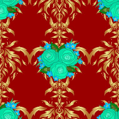 Kırmızı arka planda yeşil yapraklı ve gülsüz suluboya desenli. Gül çiçeklerinin ve yaprakların zarif deseni. Eski tarz moda baskı. Dekorasyon ve tasarım için güzel vektör deseni.