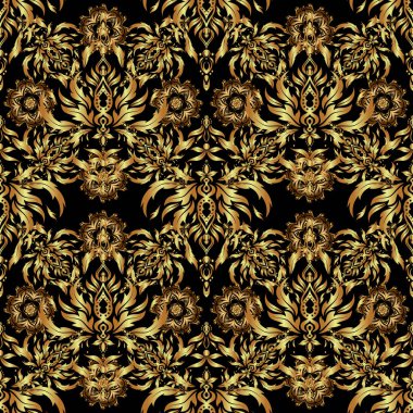 Altın tekrarlayan elementlerle doğu arka planı. Damask vektörü klasik altın desen. Siyah arkaplanda altın renklerde kusursuz soyut elementler.