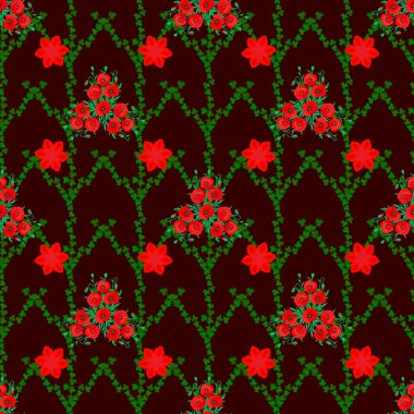 Soyut, dikişsiz çiçek tasarımı. Kahverengi bir arka planda değişken, pürüzsüz bir desen. Tekstil baskısı, çarşaf, ceket, paket tasarımı, kumaş ve moda kavramları için çiçek deseni.