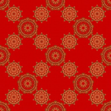 Kırmızı zemin üzerinde altın tekrarlayan elementler olan soyut, pürüzsüz desen. Klasik kırmızı ve altın desenli. Oriental vektör klasik desen.