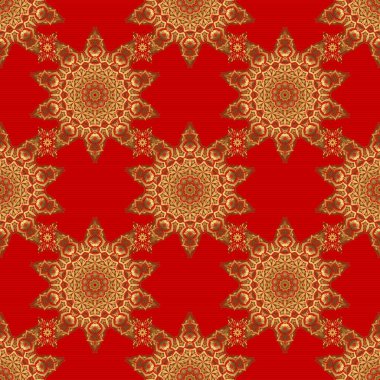 Noel altını kar taneleri pürüzsüz desenli. Sembol bayramı, yeni yıl 2018 kutlaması. Vektör çizimi. Kırmızı zemin üzerinde altın parıltılı kar taneleri. Kış kar tasarımı duvar kağıdı.