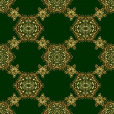 Kutlama kartlarını süslemek için alet çantası. Parlayan ışıklarla yeşil arka planda altın parıltılı süsler. Yeşil zemin üzerinde kusursuz altın elementler deseni.