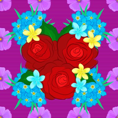 Mor bir arka planda gül çiçekleri pürüzsüz desen. Şirin vektör çiçek arkaplanı.