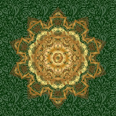 Tasarım elementi. Yoga logosu, meditasyon posterinin arka planı. Yeşil arka planda vektör çizgisi Mandala. Alışılmadık bir oryantal hat. Dekoratif yuvarlak süs. Stres önleyici terapi modeli.