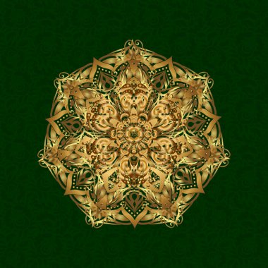 Vektör tasarım elemanı. Logo, simge, sembol, amblem, monogram çerçeve oluşturma şablonu. Doğrusal trend tarzı. Yeşil arka planda altın desenli bir resim. Olağandışı soyut lüks dekor kavramı.