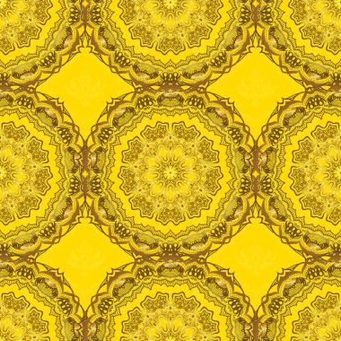 Sarı arka planda Viktorya dönemi tarzında kusursuz desen. Lüks çiçekli çerçeveler ve süslü dekorlar. Vignette ve sınırlar veya tasarım şablonu için vektör altın elementler.