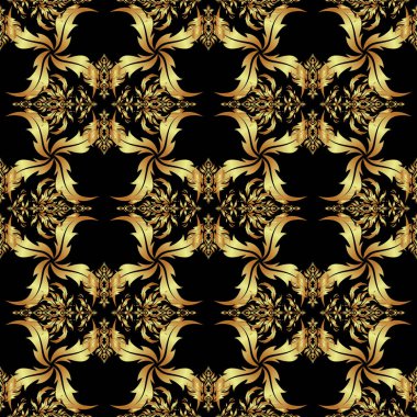 İslami vektör tasarımı Çiçek kiremitleri. Kusursuz desenli oryantal süs. Siyah ve altın tekstil baskısı.