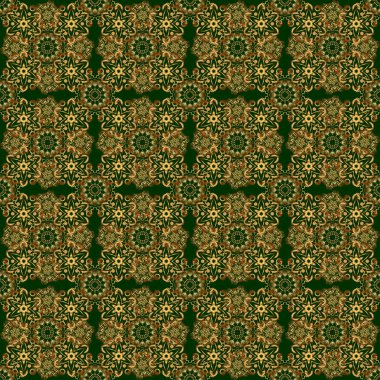 Yeşil arka planda altın elementleri olan soyut, kusursuz bir model. Klasik çiçek vektör süsü.