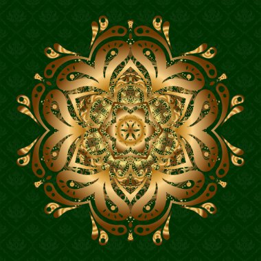 Vektör çizimi. Parlayan Altın Yıldız. Yeşil arkaplanda soyut Mandala.