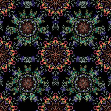 Arap tarzında soyut bir model. Grafiksel modern model. Kusursuz vektör arkaplanı. Siyah arkaplanda turuncu ve mor doku.