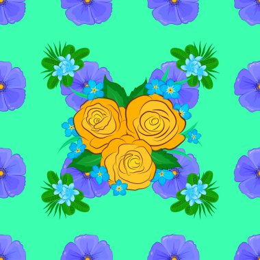 Yeşil bir arka planda renkli yönlü desen. Kusursuz çiçek süsü. Kraliyet gülleriyle modern gül deseni.