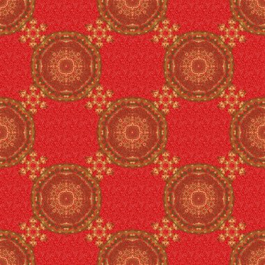 Kırmızı arka planda altın renklerde kusursuz soyut elementler. Altın tekrarlayan elementlerle doğu arka planı. Damask vektörü klasik altın desen.