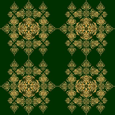 Yeşil arka planda vektörsüz desen. Yeşil ve altın renkli klasik tasarım. Damask zarif duvar kağıdı.