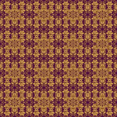 Mor arkaplandaki altın rengi elementlerin kusursuz raster görüntüsü. Duvar kağıdı, sunum, tasarım, tekstil için. Raster illüstrasyonu.
