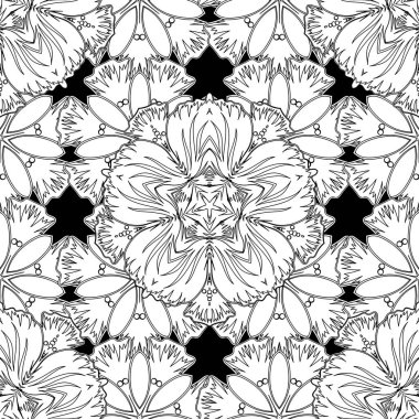 Duvar kağıdı, pankart, ambalaj, düğün kartı olarak kullanılabilir. İslami doğuya özgü pürüzsüz desen. Müslüman, Doğu süsü, Hint süsü, İran motifi. Siyah arkaplanda soyut beyaz çember süslemesi.