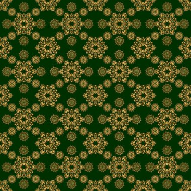 Kusursuz altın Noel süsü deseni. Yeşil arkaplanda parlak arkaplan çizimi.