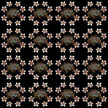 Siyah arkaplanda bej, kahverengi ve gri renkte Hibiscus çiçekleri.