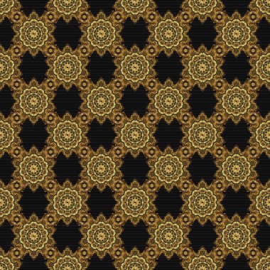 Kumaş baskısı, hatıra defteri, hediye paketi için. Siyah arkaplandaki altınla kusursuz vintage desen.