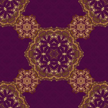 Çiçekli altın elementlerle doğu tarzında kusursuz bir desen. Kartlar için vektör çizimi, teşekkür mesajı, yazdırma. Mor bir arkaplan üzerinde tasarım şablonu için klasik dikişsiz sınır ve ızgara.