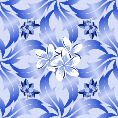 Yatak çarşafları, ceket, paket tasarımı, kumaş ve moda kavramları için tekstil baskısı. Plumeria çiçekleri ve yaprakları mavi renklerde. Suluboya efektli çiçek arkaplanı.