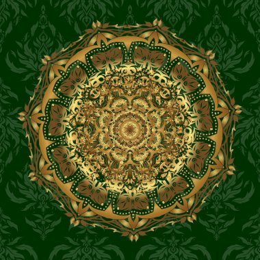 Tekstil, davetiyeler, afişler ve diğerleri için. Vektör çizimi. Yeşil arka planda altın rengi yuvarlak mandala.