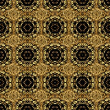 Duvar kağıtları, davetiyeler, ambalajlar için lüks süsler. Siyah bir arkaplanda kraliyet altın rengi kusursuz desen.