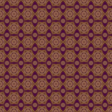 Mor ve altın süslemeleri, geometrik Fas dikişsiz desenli vektör soyut yama arkaplanı. Şekillendirilmiş altın yıldızlar, kar taneleri ve ızgaralar. Etnik Hint folkloru.