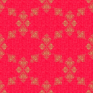 Klasik altın desenli, altın çiçekli süsleme brokar desenli, cam desenli, kırmızı arka planda çiçeklerle süslenmiş altın metalli..