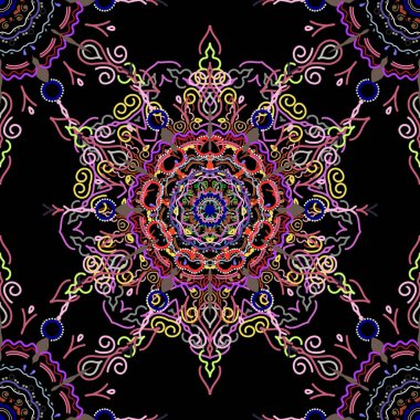 Siyah bir zemin üzerinde vektör kesme kağıt dantel dokusu, gri, turuncu ve menekşe tül, girdap gibi pürüzsüz desen..