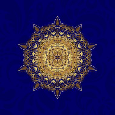 Mavi arka planda altın mandala. Zengin etnik çizgili dikişsiz geometrik tasarım. Mandala tarzı. Vektör illüstrasyonu.