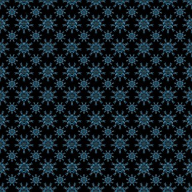 Siyah arka planda mavi ve yeşil renkli çiçek süsü. Kusursuz bir arka plan. Renkli desenler antika.