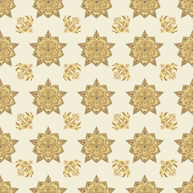 Bej bir arka planda kusursuz soyut modern desen. Bej ve altın pürüzsüz desen. Altın elementlerle Geometrik tekrarlayan vektör süslemesi.