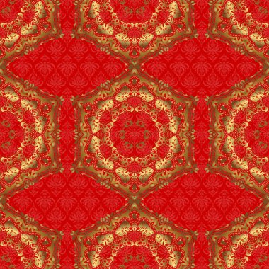 Kırmızı arka planda vektör altın süs. Zengin kartı karşılamak için kullanılabilir. Klasik dikişsiz doku. Kırmızı arka planda altın elementli desen.