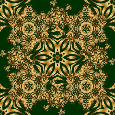 Çiçekli altın elementlerle doğu tarzında kusursuz bir desen. Kartlar için vektör çizimi, teşekkür mesajı, yazdırma. Yeşil arkaplanda tasarım şablonu için klasik dikişsiz sınır ve ızgara.
