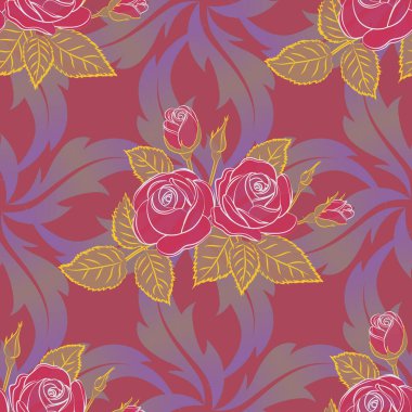 Vektör arkaplan çizimi. Kırmızı, pembe ve mor renklerde soyut, pürüzsüz desen. Doğa gülleri.