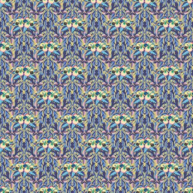 Çiçek motifli kusursuz desen. Gri, bej ve mavi çiçekli kusursuz çiçek deseni, suluboya. Vektör çiçek çizimi. Vektör illüstrasyonu.