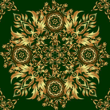 Altın antika süslemeli vektör kare kompozisyon. Yeşil arka planda altın şebeke ile kusursuz desen.