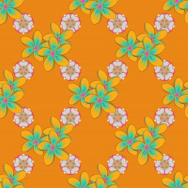 Vektör çizimi. Dekoratif tesisat çiçekleri tekrar eden desenler. Yeşil, sarı ve turuncu renkli çiçek motifleri olan soyut zarafet deseni.