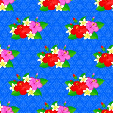 Hibiscus çiçekleri mavi arka planda kusursuz desen oluşturur. Güzel çiçek arkaplanı..