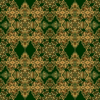 Altın gradyanı olan klasik, dikişsiz bir model. Altın süslemeli ve yeşil arka planlı vektör çiçekli zarif bir davetiye kartı..