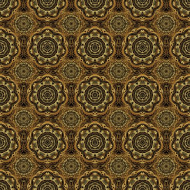 Çiçekli altın elementlerle doğu tarzında kusursuz bir desen. Kartlar için vektör çizimi, teşekkür mesajı, yazdırma. Siyah bir arkaplan üzerinde tasarım şablonu için klasik dikişsiz sınır ve ızgara.