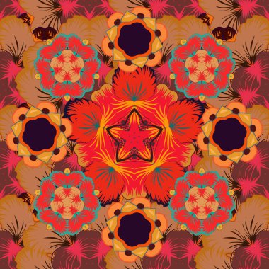 Turuncu, kahverengi ve kırmızı renklerde biçimlendirilmiş çiçeklerle kusursuz çiçek deseni. Vektör illüstrasyonu.