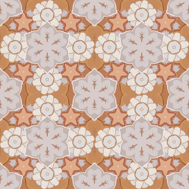 Vektör turuncu, bej ve menekşe desenli soyut elementler. Yatak örtüsü, ceket, paket tasarımı, baskı, kumaş veya moda kavramları için doğu tekstil baskısı.