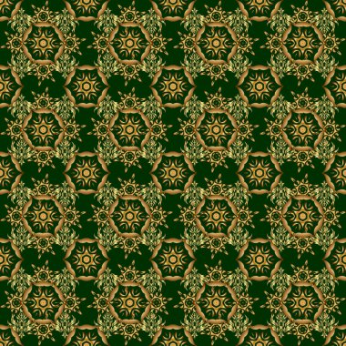 Yeşil arka planda soyut çiçekleri ve yıldızları olan kusursuz desenli vektör altın ızgara. Yatak örtüsü, ceket, paket tasarımı, kumaş ve moda kavramları için doğu tekstil baskısı.