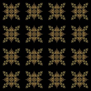 Siyah arka planda soyut çiçekleri ve yıldızları olan kusursuz desenli vektör altın ızgara. Yatak örtüsü, ceket, paket tasarımı, kumaş ve moda kavramları için doğu tekstil baskısı.