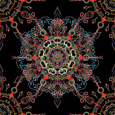 Dekoratif simetri arabesk. Ortaçağ çiçek desenli. Doğum günü kartı, davetiye ya da afiş için iyidir. Siyah arka planda yeşil, mavi ve bej renksiz desen. Vektör tasarımı.